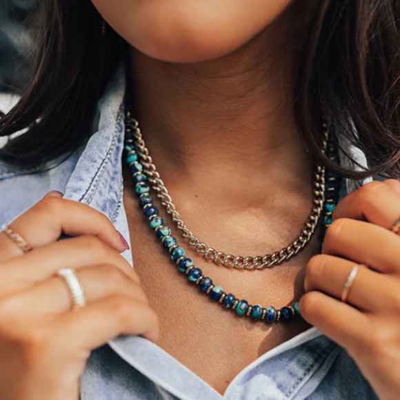 Kendra Scott "Rebecca" Gold Multi Strand Necklace. Bronze Veined Lapis Turquoise - Picture 2 of 9